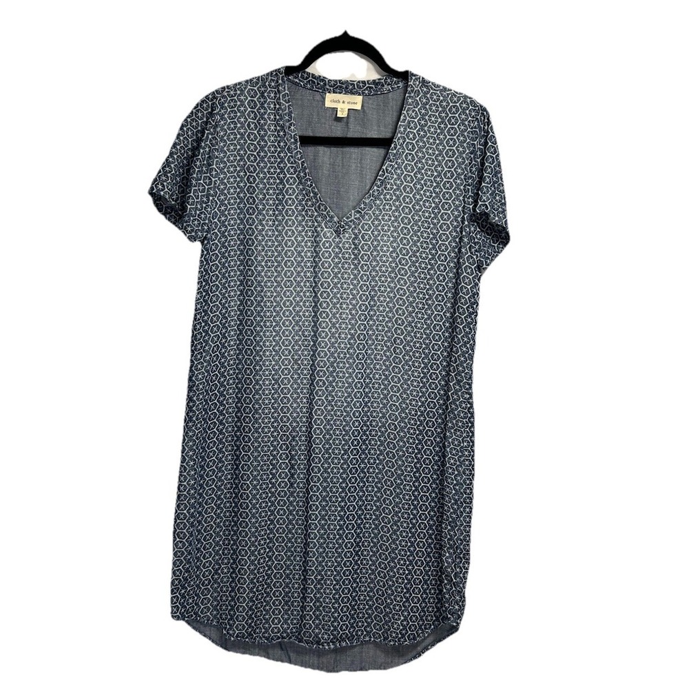 Cloth‎ And Stone Justine Dress Women's Small Knee Length Geometric V-neck Blue